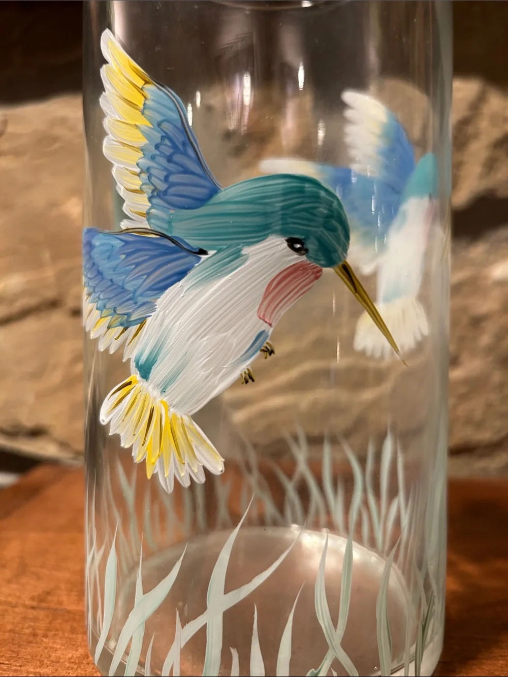 Hand-Painted Glass Pitcher with Colorful Hummingbirds